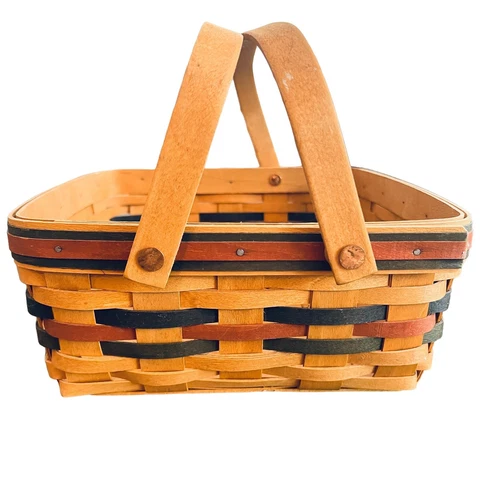 Longaberger Basket 1997 Wood Handles Square 10" Red Green Blue Tan Helper Picnic Cover