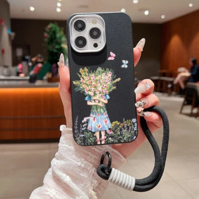 For iPhone 16 15 Pro Max 14 13 12 11 Flowers Hand Strap Lanyard Soft Case Cover - Image 1 of 4