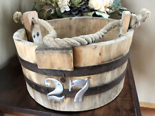 Antique Primitive Old Staved Wooden Bucket Pail Rope Handle Iron Metal Bands