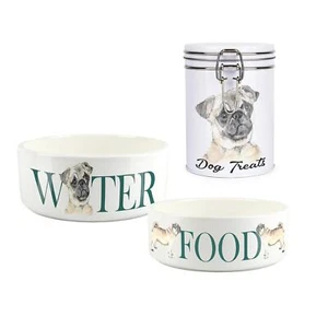 Juego de cuencos y botes de golosinas Pug Pet - Regalos de comida/agua para dueños de perros - Imagen 1 de 4