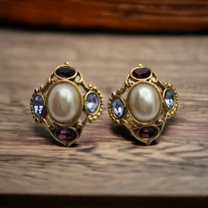 Pendientes de clip vintage elegantes con pedrería púrpura y azul de perlas sintéticas - Imagen 1 de 5