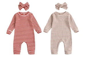 NEW Set of 2: 12 Month Romper Baby Ribbed Striped Pink & Red w/ Matching Bows - Picture 1 of 2