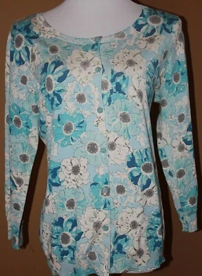 Pendleton Blue White Gray Floral Cardigan Sweater Silk Blend 3/4 Sleeves L - Image 1 of 4