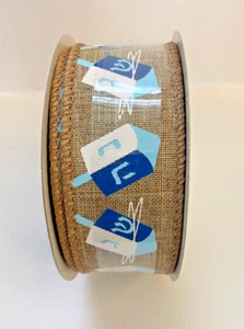 Celebrate It Hanukkah ribbon natural w/ blue dreidels 1.5 in x 30 ft craft bow - Picture 1 of 3