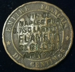JETON PUBLICITAIRE BELGE 10 ct Napoleon III VIN DE NAPLES PUR FLAMENT St GILLES - Imagen 1 de 2