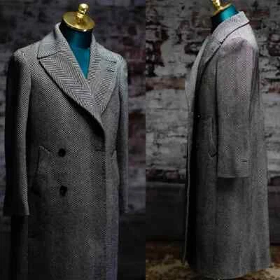 Men Herringbone Wool Blend Long Coat Overcoat Double Breasted Winter Business - Image 1 of 4