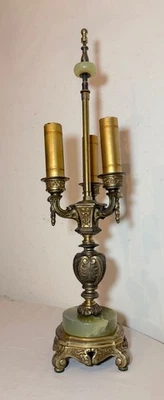 Vintage ornate Rembrandt cast iron green onyx stone 3 arm electric table lamp - Image 1 of 4