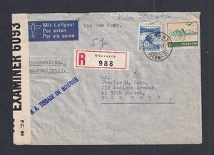 SCHWEIZ 1941 WW2 "BERMUDA ZENSIERT" EINSCHREIBEN LUFTPOSTBRIEF OBERARTH NACH USA - Bild 1 von 2