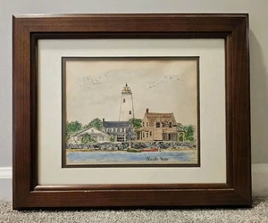 Okracoke Harbor Lighthouse Outer Banks Ink Drawing Watercolor Print Mary Weiss - Picture 1 of 7