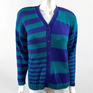 Vintage 90s PASTA Purple & Green Striped Cardigan Sweater - Color Block Pattern - Picture 1 of 11
