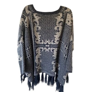 Shawl Sweater Cardigan women's M, Blue White Tassel Fringe Knit - Picture 1 of 4
