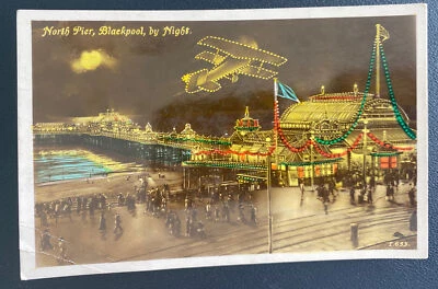 Cubierta de postal con foto de Blackpool Inglaterra 1930 a Halifax North Pier Ny Night Foto 1 de 2