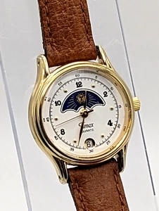 Vintage Timex Moon Phase Watch Women 24mm Gold Tone Date Leather New Battery - Picture 1 of 14
