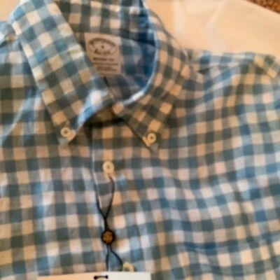 NUEVO Brooks Brothers Azul Claro Guinga Botón Frontal Lino Irlandés Manga Corta - M Foto 1 de 4
