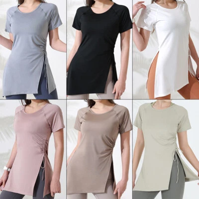 Mujeres Camisas de Entrenamiento Manga Corta Yoga Fitness Cordón Lateral Dividido Camiseta Deportiva. Foto 1 de 4