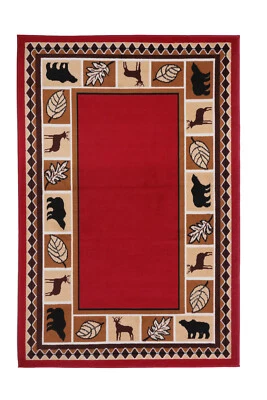Red Wildlife Bear Moose Rustic Lodge Cabin Carpet Area Rug - 631 - Image 1 of 2