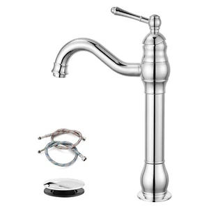 Chrome Bathroom Vessel Sink Faucet Single Handle Tall Basin Mixer Tap with Drain - Picture 1 of 11