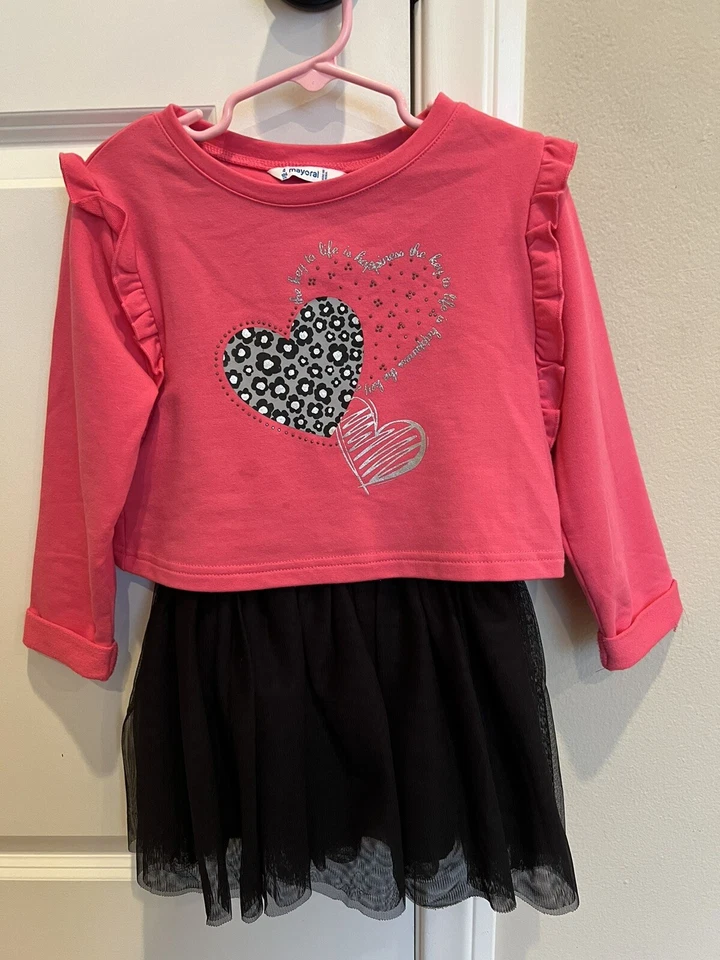 Mayoral Girls Long Sleeves Top With “Tutu” Dress Size 4 - Bright Pink & Black - Image 1 of 4