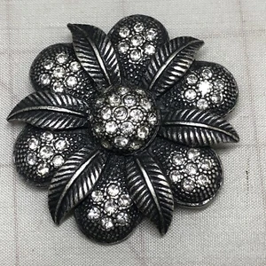 Gray-Black Flower RHINESTONE CRYSTAL STATEMENT PIN BROOCH 2" VINTAGE - B13 - Picture 1 of 3