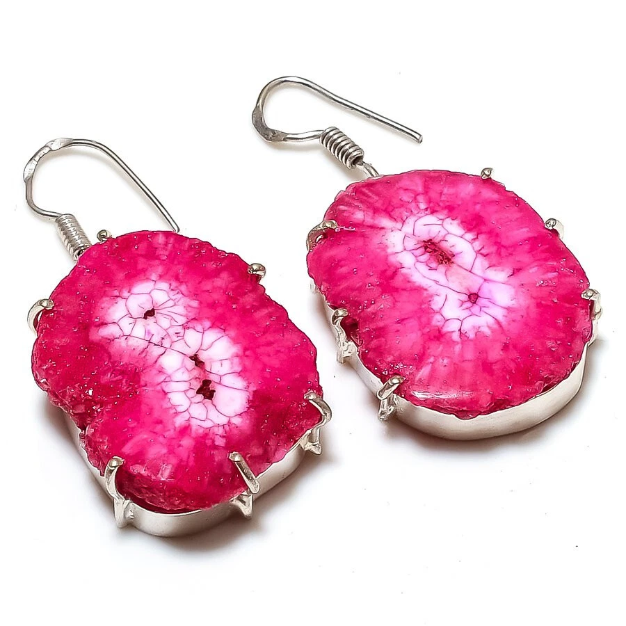 Pink Solar Quartz Druzy Gemstone Silver Plated Dangle Earrings Jewelry 2" - Image 1 of 1