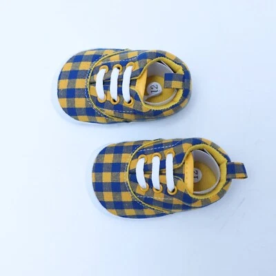 Bebé Niño Pequeño Zapatos Amarillo Azul Cuadros Cuadros Gingham 6-12 Bota de Caminar Infantil Nuevo Foto 1 de 4
