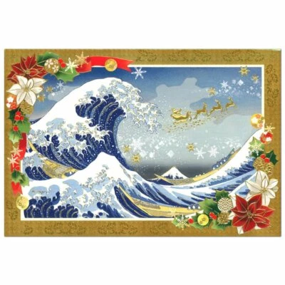 Happy New Year Greeting Card Postcard Great Wave of Kanagawa x Santa From Japan - Image 1 of 3