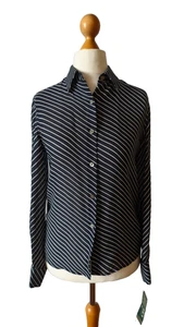 LAUREN Ralph Lauren $139 NWT 100% Silk Striped Faux Perl Navy Blouse 4 S NEW NWT - Picture 1 of 17