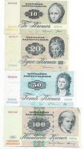 Denmark 10, 20, 50, 100 Kroner short set - circulated - Picture 1 of 2