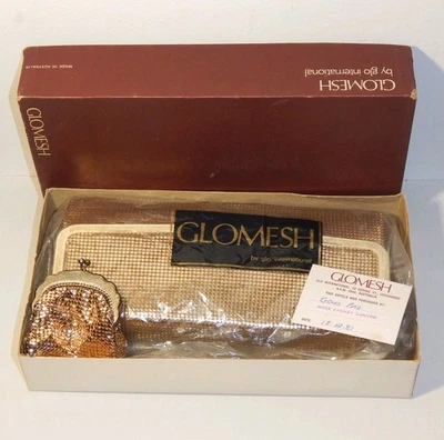 80s gold rectangle glomesh purse handbag + coin purse in box - Image 1 of 4