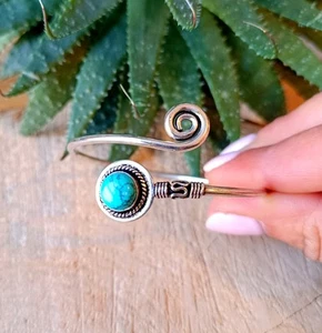 Turquoise Cuff Silver Bangle, German Silver Brass Plated Bracelet, Boho - Picture 1 of 5