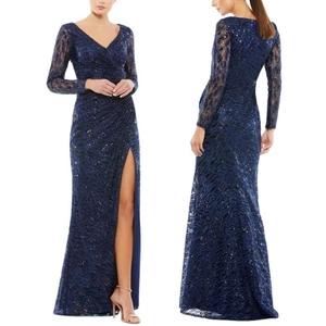Mac Duggal Midnight Blue Sequin Long Sleeve VNeck Evening Gown Dress Size 16 NEW - Picture 1 of 17