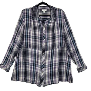 J Jill Plaid Blouse Top Women's 2X Blue Purple Button Up Pintuck Office Soft - Picture 1 of 8