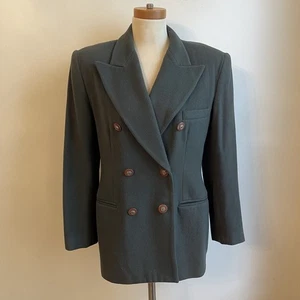 Vintage Roma DeLana Wool Cashmere Blazer Green Hunt Size 10 Signet Crest Double - Picture 1 of 11