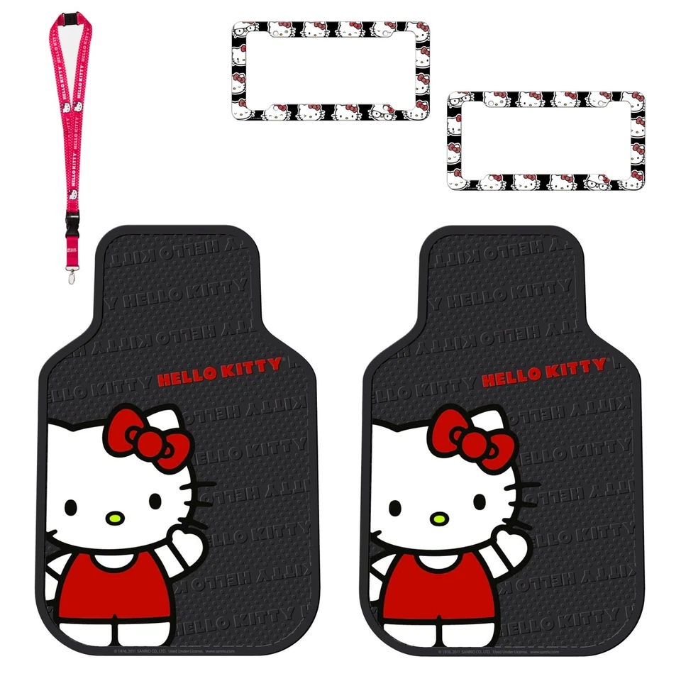 New 5pc Classic Hello Kitty Car Rubber Floor Mats License Plate Frames Lanyard Foto 1 de 4
