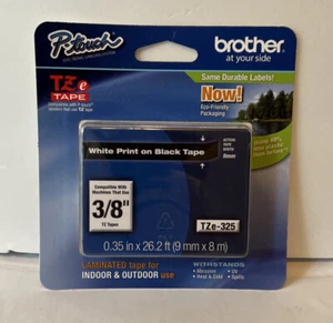 Brother 3/8" (9mm) White on Black P-touch Tape for PTE300, PT-E300 Label Maker - Picture 1 of 2
