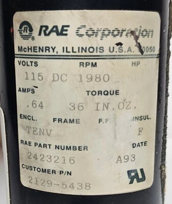 RAE Corporation Motor 2423216 2129-5438 1980rpm .64A 115v DC 36 in-oz - Serviced - Image 1 of 4
