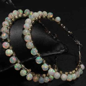 Natural Ethiopian Opal Earring  925 Sterling Silver  Opal Balls Hoop Earring - Picture 1 of 8