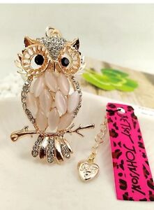 Betsey Johnson Necklace Opal Crystals Gold Owl