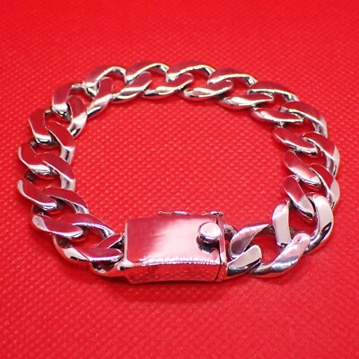 Solid 925 Sterling Silver Hip Hop Biker Cuban Curb Chain Link Bracelet 7.75" 47g - Image 1 of 4