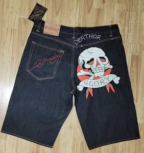 NWT Vintage Ed Hardy Christian Audigier 2008 Death or Glory Jeans Shorts Sz 40 - Picture 1 of 12