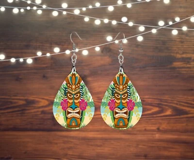 Pendientes Tiki Man Playa Madera Lágrima Estampado Joyería Occidental Foto 1 de 4