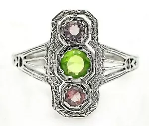 1CT Natural Peridot & Amethyst 925 Sterling Silver Vintage Style Ring Sz 7 - Picture 1 of 2