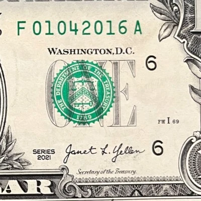 January 4, 2016 (01042016) One Dollar Fancy Serial Number Birthday Note - Image 1 of 3
