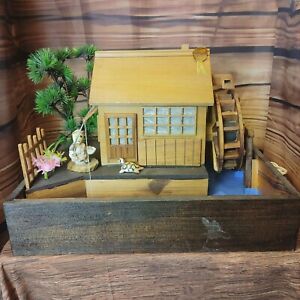 Vintage Wooden Japanese Mill Electric Water Fountain with Light + Fisherman Disp