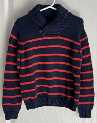 Janie and Jack Boys Navy Blue Red Stripe Cotton Sweater Shawl Collar EUC Sz 5 - Image 1 of 3