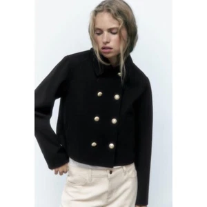 ZARA Black Cropped Jacket Gold Buttons Military Double Breasted Solid X-Small - Picture 1 of 16