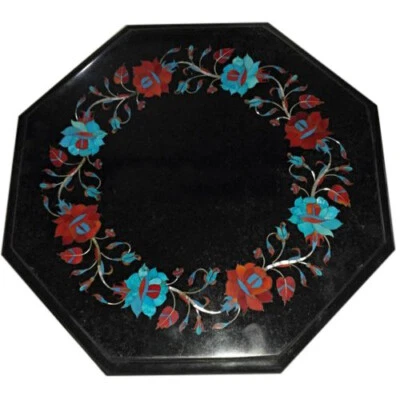 15" Black Marble corner end Table Top PietraDura Inlay work home decor - Image 1 of 3