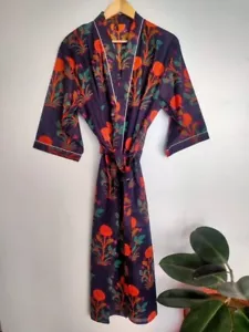 Indian Blue Cotton Robe Long Kimono Sleepwear Floral Night Suit Kimono Robe US - Picture 1 of 5