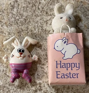 Vintage RUSS Bunny Rabbit Pin & Flocked Bunny In an Easter Gift Sack-Taiwan - Picture 1 of 4