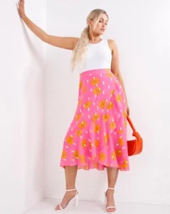 Pink and Orange Floral Print Tie Waist Frill Midi Skirt with Gold Foil - Picture 1 of 3